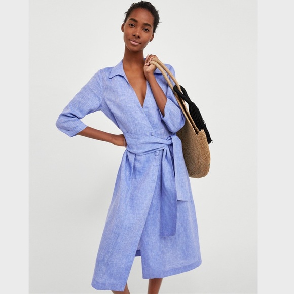 Zara Dresses Zara Linen Chambray Collared Midi Belt Wrap Dress